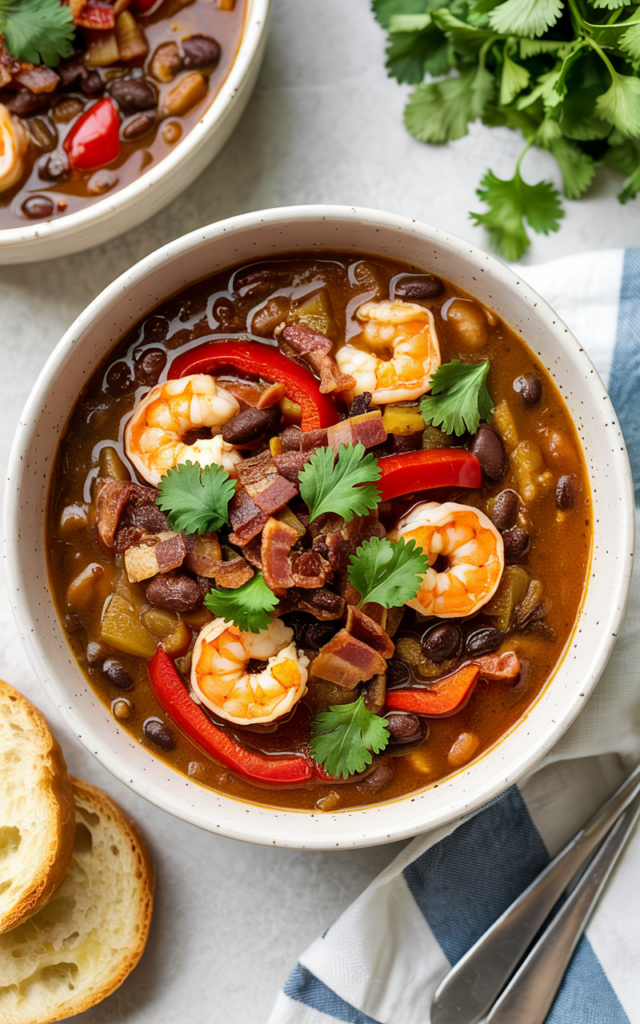 Smoky Black Bean Bisque with Tangy Rock Shrimp Escabeche