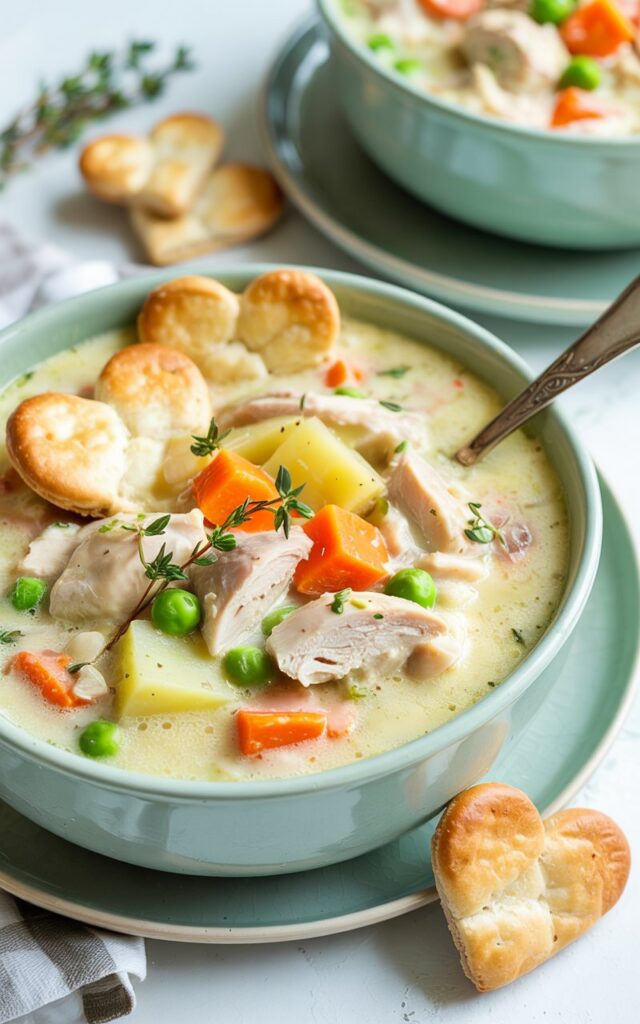 Cozy Chicken Pot Pie Soup with Flaky Pie Crust Hearts – A Comfort Food Classic in a Bowl