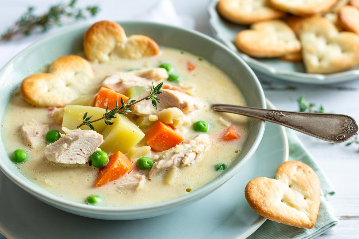 Cozy Chicken Pot Pie Soup with Flaky Pie Crust Hearts – A Comfort Food Classic in a Bowl