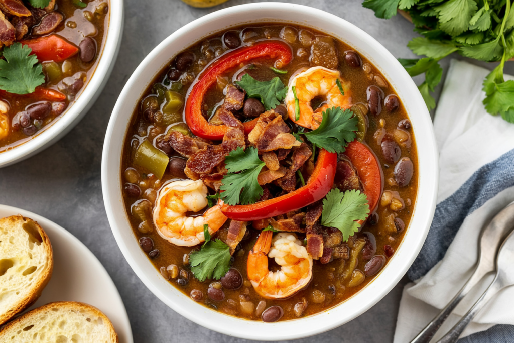 Smoky Black Bean Bisque with Tangy Rock Shrimp Escabeche