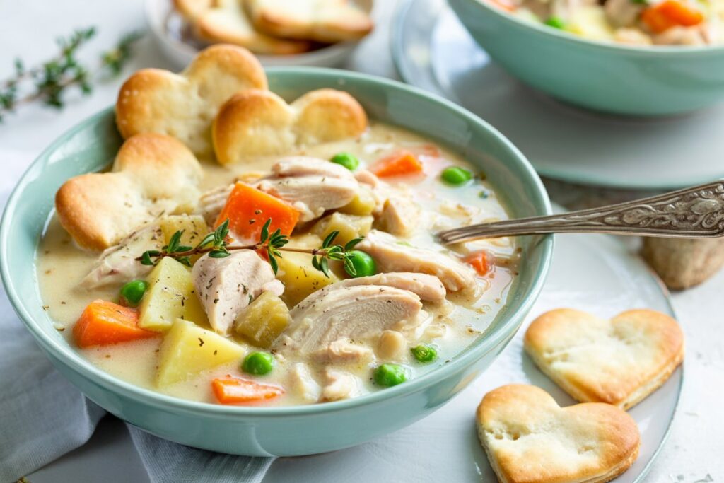 Cozy Chicken Pot Pie Soup with Flaky Pie Crust Hearts – A Comfort Food Classic in a Bowl